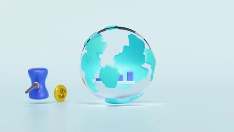 3D render of a globe featuring a bar chart, a golden dollar coin, and a jud.. Stock Footage 312501578