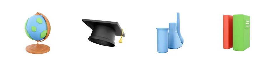 3d render globe, graduation cap, chemical tubes, books icon set on white Stock Illustration