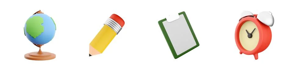 3d render globe, pencil, notebook, alarm clock icon set on white background. 3d Stock-Illustration