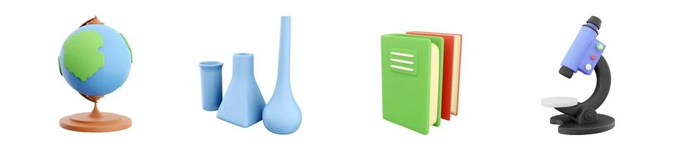 3d render globe, tubes, books, microscope icon set on white background. 3d Stock Illustration