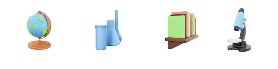 3d render globe, tubes, books, microscope icon set on white background. 3d Stock Illustration