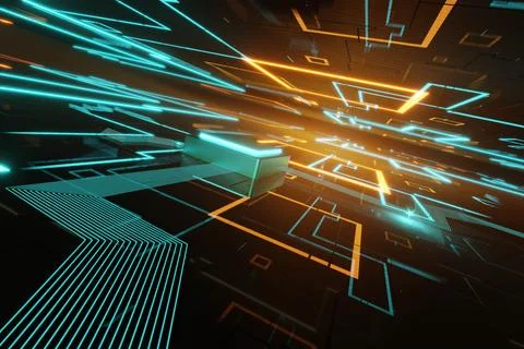 3d render of glossy circuit board with blue and orange highlights Illustrazione stock