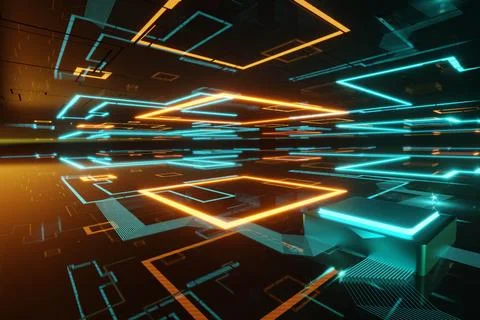 3d render of glossy circuit board with blue and orange highlights Illustrazione stock