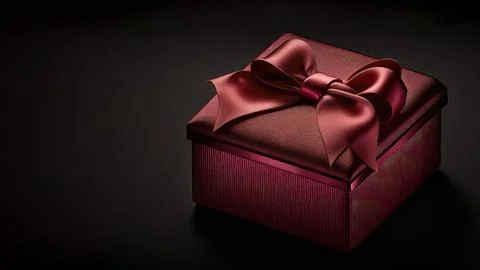 3D Render of Glossy Matte Red Gift Box With Silk Bow Ribbon On Black Backgr.. Stock Illustration