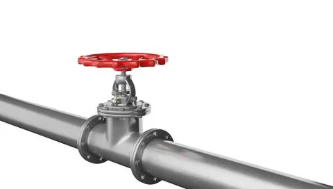 3D render glossy metal pipe with valve on a white background. 스톡 일러스트