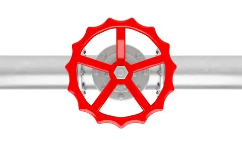 3D render glossy metal pipe with red valve from top view. 스톡 일러스트