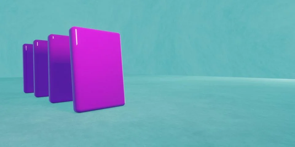 3d render of glossy violet shapes lined up on a textured blue background. Stock Illustration