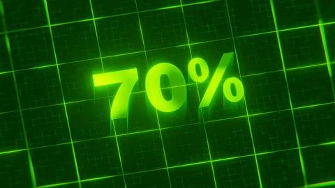 3D render of glowing 70 percent sign made of neon green light Illustrazione stock