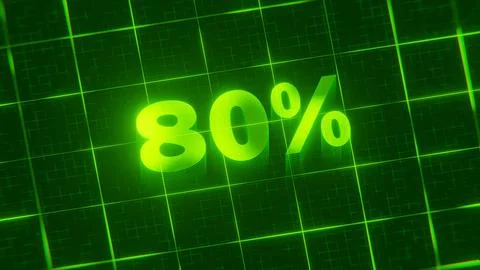 3D render of glowing 80 percent sign made of neon green light Stock Illustration