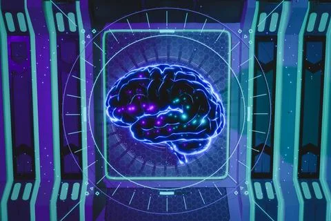 3D render of glowing brain with geometric abstract pattern, sci fi ai concept Stock Illustration