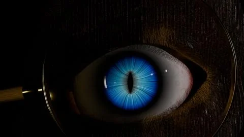 3d render of glowing cats eye seen through a magnifying glass Stock Illustration