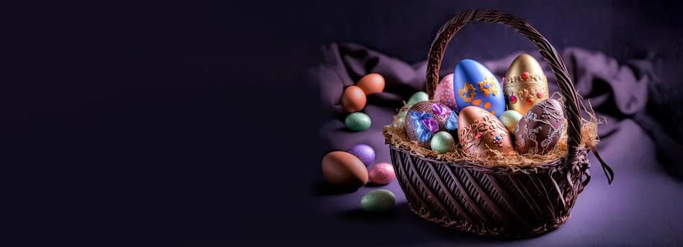 3D Render Of Glowing Colorful Easter Eggs Basket On Purple Silk Background .. Stock Photos
