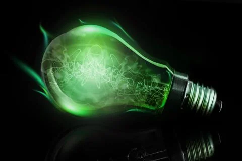 3D render glowing green bulb is lying horizontally on dark glossy surface, Illustrazione stock