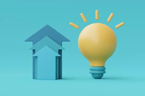 3d render glowing light bulb with up arrows,Creative innovation and strategy  Stock Illustration