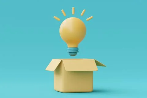 3d render glowing light bulb with box,Creative innovation and strategy analys Stock Illustration