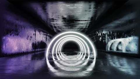 3d render, glowing lines, tunnel, neon lights, virtual reality, abstract back Illustrazione stock
