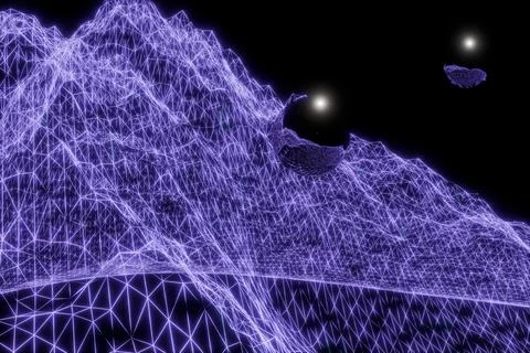 3d render of glowing mesh and glossy spheres Illustrazione stock