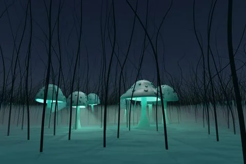3d render of glowing mushrooms arranged in faerie circle and fantasy forest Stock Illustration