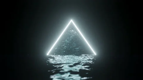 3d render, glowing neon light pyramid above dark water, blank space, Stock Footage 137512939