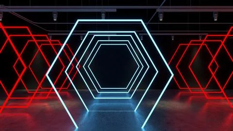 3D render Glowing neon lighting on floor reflection for future premium prod.. Stock-Illustration