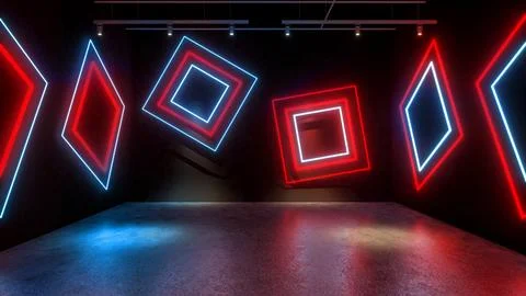 3D render Glowing neon lighting on floor reflection for future premium prod.. Stock-Illustration