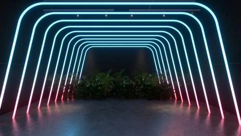 3D render Glowing neon lighting on floor reflection for future premium prod.. Stock-Illustration