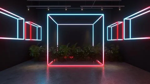 3D render Glowing neon lighting on floor reflection for future premium prod.. Stock-Illustration