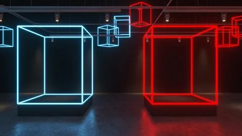 3D render Glowing neon lighting on floor reflection for future premium prod.. Stock-Illustration