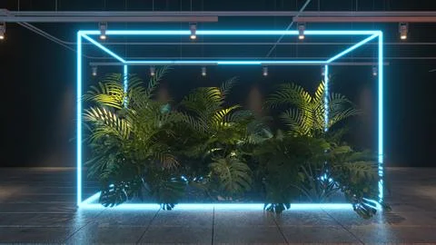 3D render Glowing neon lighting with plants on floor reflection for future .. Stock-Illustration