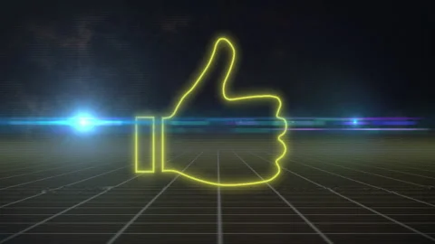 3D render glowing neon yellow thumbs-up floating above grid plane, showing blue Stock Footage 309100589
