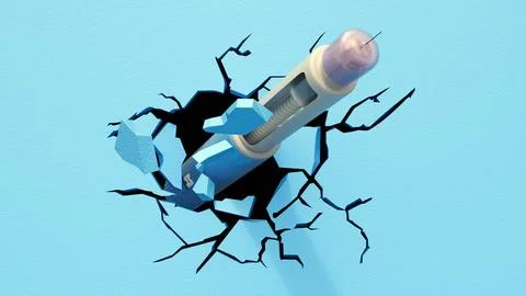 3D render of a GLP-1 receptor agonist pen breaking through a barrier Stock Illustration