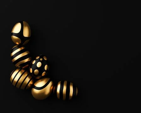 3d render of gold and white Easter eggs banner on a black background. Minimal Stock Illustration