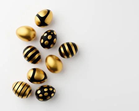 3d render of gold and white Easter eggs banner on a white background. Minimal Stock Illustration