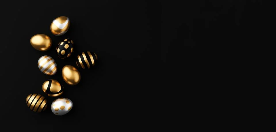 3d render of gold and white Easter eggs banner on a black background. Minimal Stock Illustration