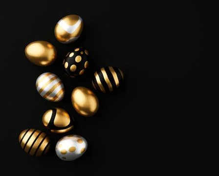 3d render of gold and white Easter eggs banner on a black background. Minimal Stock Illustration