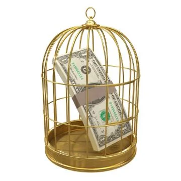 3d render of a gold birdcage with US Dollars inside Stock Illustration