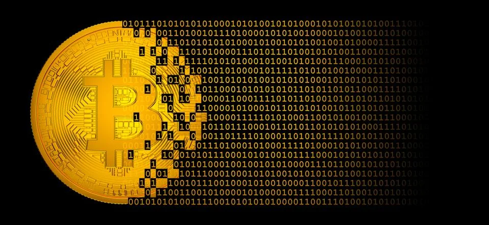 3d render of a gold bit coin and a binary code Illustrazione stock