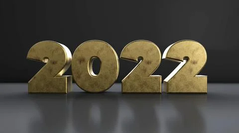 3D render of gold block 2022 numbers on a gray surface Illustrazione stock