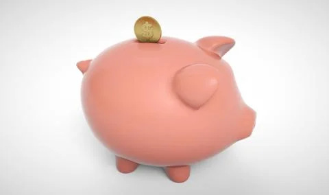 3d render of gold coin falling into a piggy bank. Piggy bank with coins money Illustrazione stock