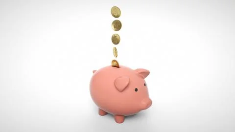 3d render of gold coin falling into a piggy bank. Piggy bank with coins mon.. Stock Illustration