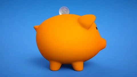 3d render of gold coin falling into a piggy bank. Piggy bank with coins mon.. Stock Illustration