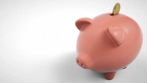 3d render of gold coin falling into a piggy bank. Piggy bank with coins mon.. Stock Illustration
