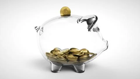 3d render of gold coin falling into a glass piggy bank. A see through piggy.. Stock Photos