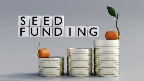 3D render: Gold coin stacks with "SEED FUNDING" blocks. Stockillustratie