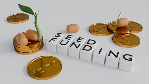 3D render: Gold coin stacks with "SEED FUNDING" blocks. Stock Illustration