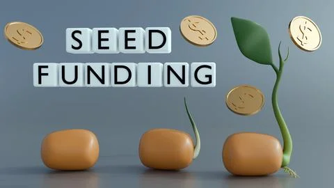 3D render: Gold coin stacks with "SEED FUNDING" blocks. Stock Illustration