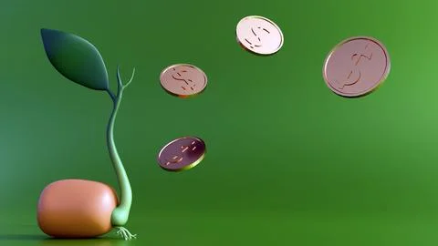 3D render: Gold coin stacks with "SEED FUNDING" blocks. Stock Illustration