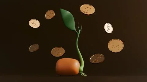 3D render: Gold coin stacks with "SEED FUNDING" blocks. Stock Illustration