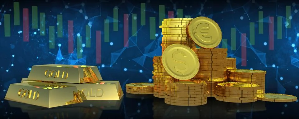 3D render gold compare coins and money.It is key about business and invest. Stock Illustration