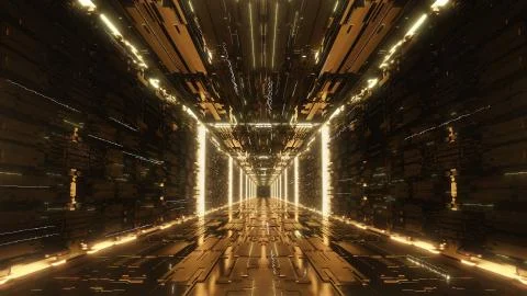 3d render gold Digital futuristic neon tunnel Stock Illustration